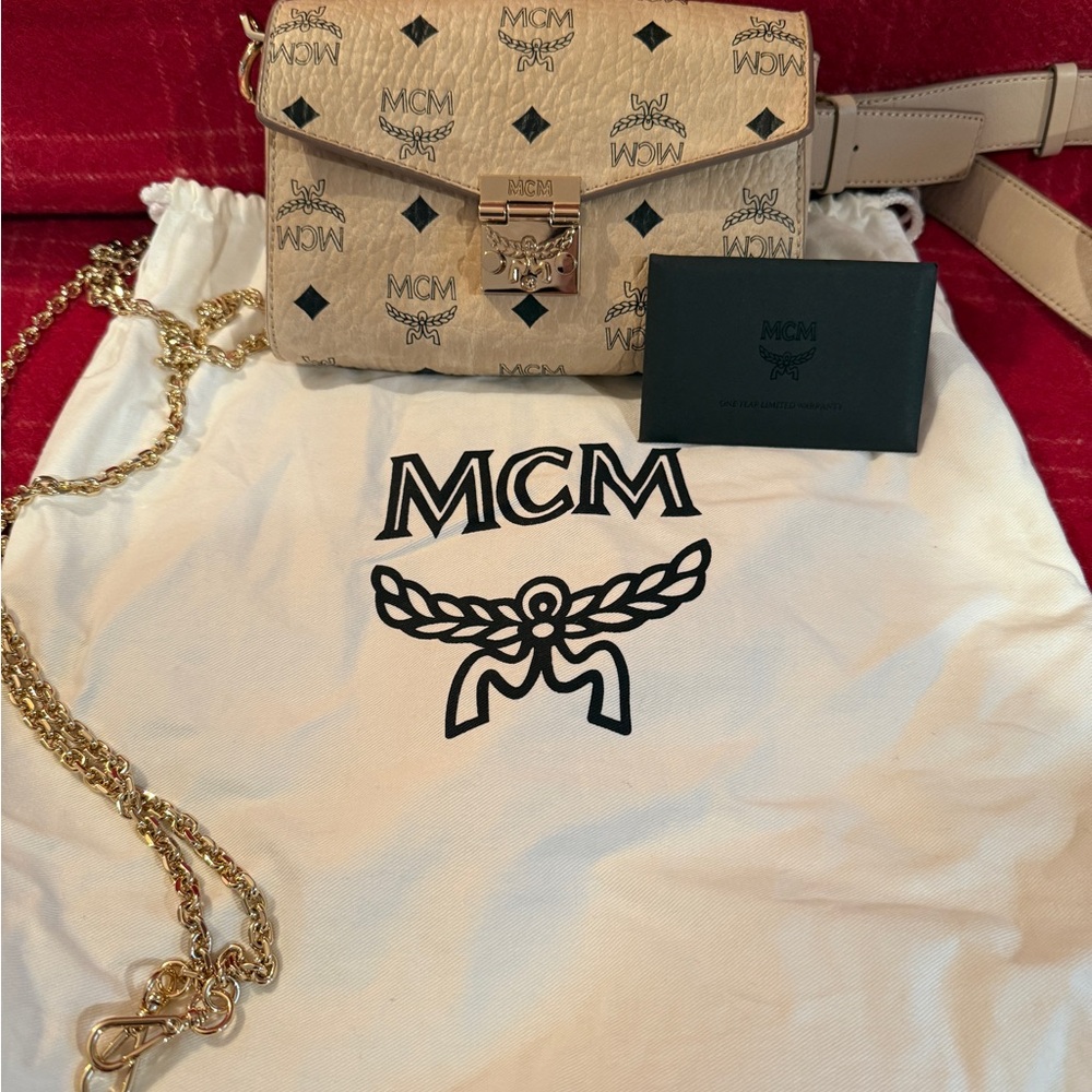 MCM Tan Belt/ Crossbody Bag with Gold Chain